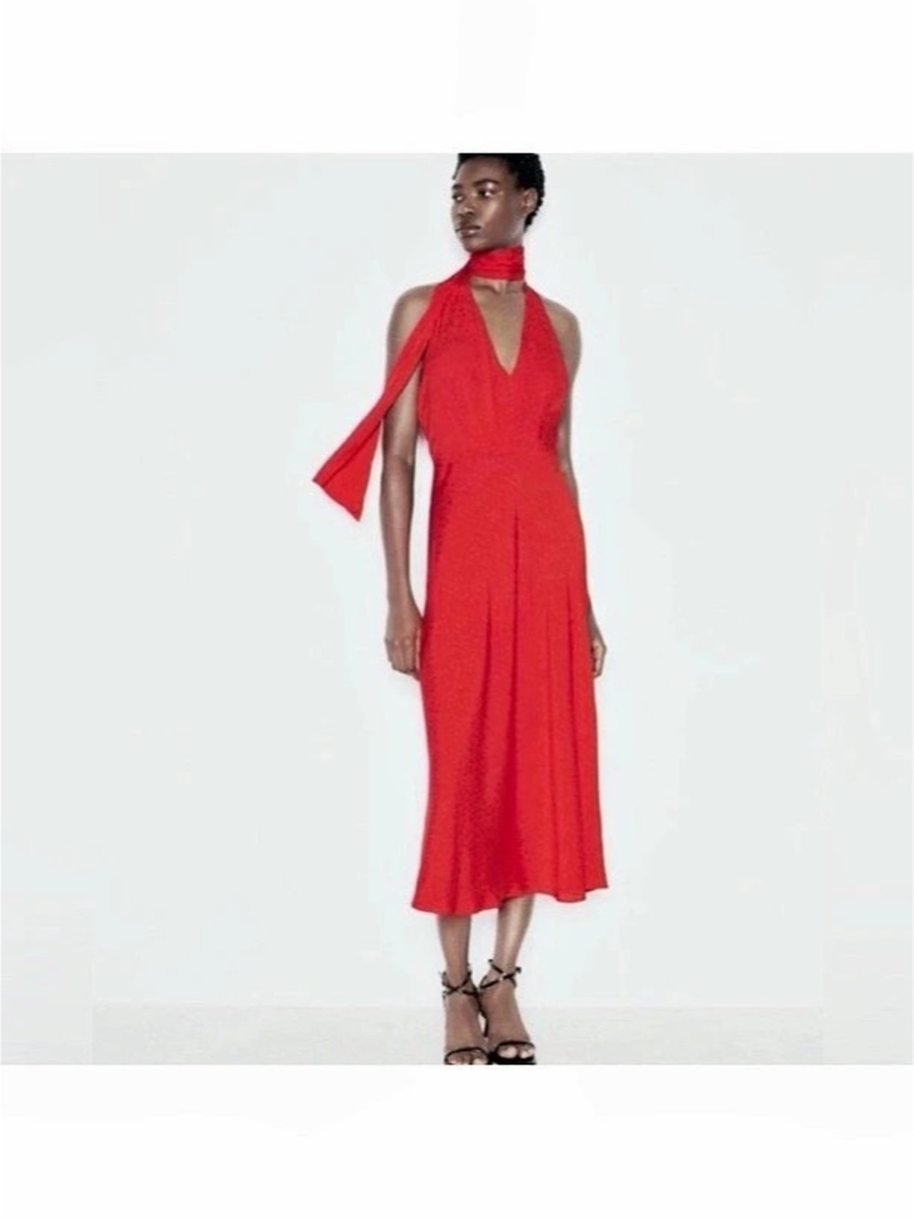 Zara Fluid Midi Dress with Draped Neck Red Halter Dress Medium